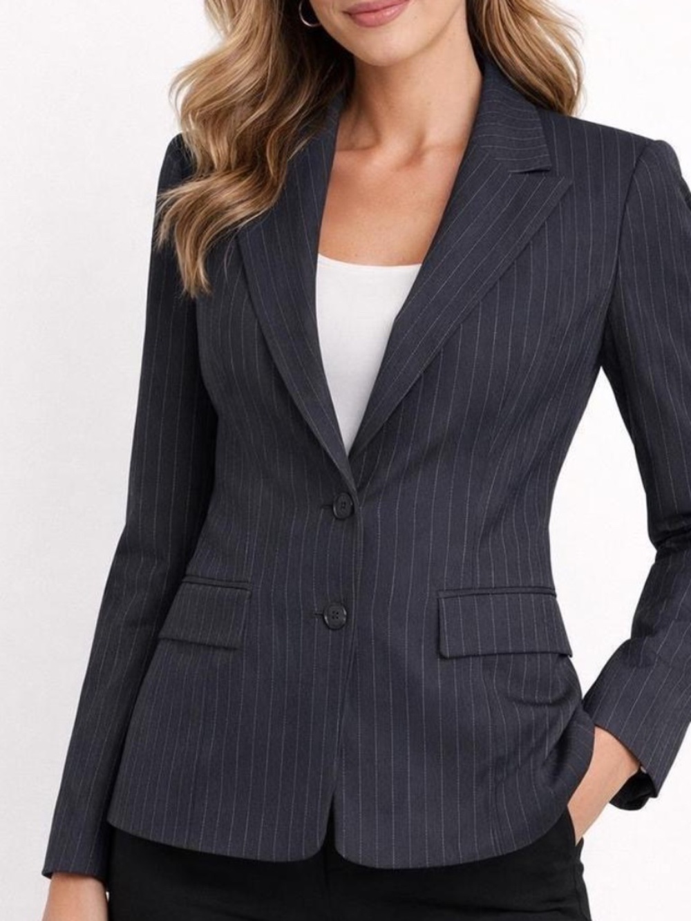 Tahari ASL Black Pinstripe Pantsuit 2 Button Blazer Flat Front Pants 6 MINT $278 - Picture 2 of 15